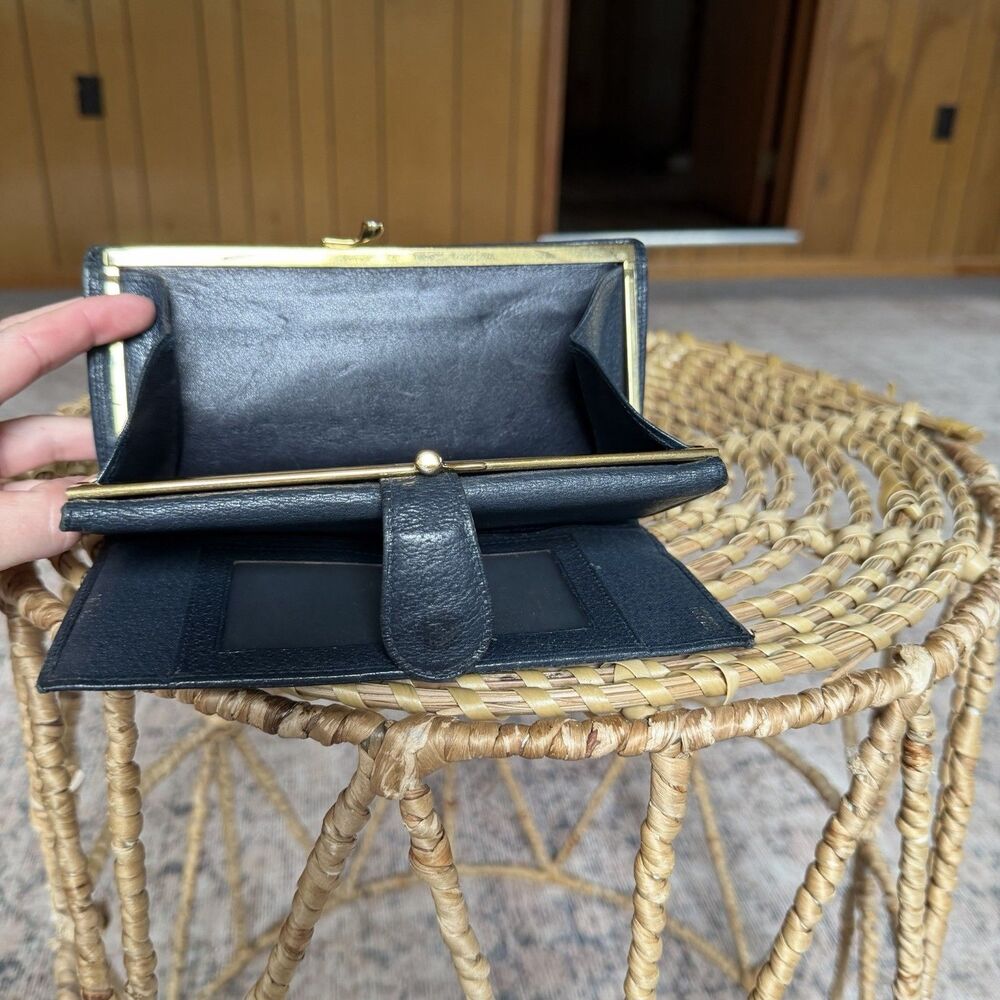 Vintage GUCCI GG Supreme Canvas Navy Blue Leather Wallet Logo Gold Snap Trifold - Picture 9 of 16